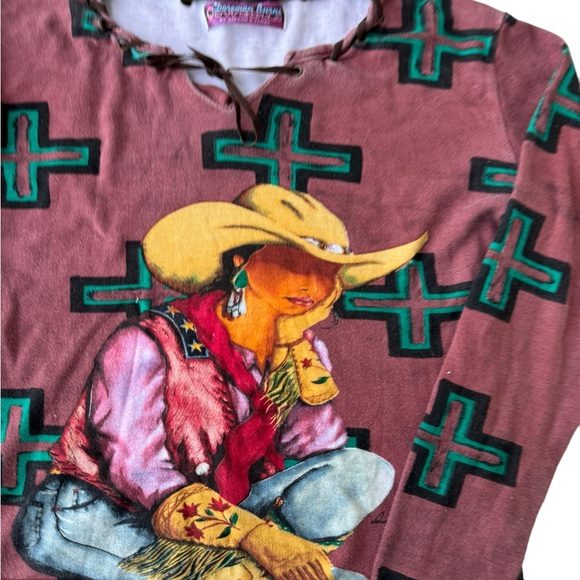 AOP Cowgirl Western Vintage Blouse Top Graphic Pullover Rodeo Gordon James Y2K - Picture 2 of 10